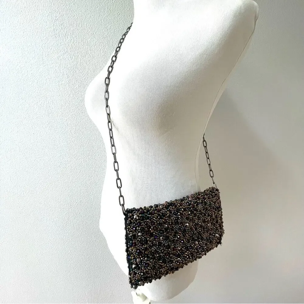 Free People Multicolor Black Beaded Evening Clutch Purse w/ Gunmetal Chain Strap